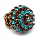 Duo Tone Dome Round Crystal Pave Stretch Ring Teal Blue RG00071-TL