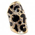Animal Print Crystal Black Enamel Silver Tone Leopard Stretch Adjustable Ring RG00131RDCL