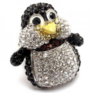 Penguin Crystal Rhinestone Stretch Adjustable Ring Animal Sparkle Silver Black  RG00147RDBK