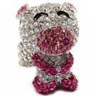 Pig Crystal Rhinestone Stretch Adjustable Fashion Cocktail Ring Silver Pink  RG00156RDPK