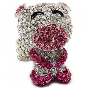Pig Crystal Rhinestone Stretch Adjustable Fashion Cocktail Ring Silver Pink  RG00156RDPK