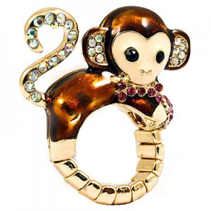Cute Monkey Crystal Enamel Stretch Adjustable Fashion Cocktail Ring Gold Brown RG00144GDBR
