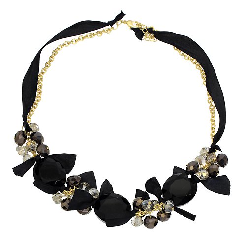 Handmade Crystal Satin Ribbon Bow Necklace Black NE00010BK