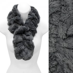 Solid Soft Faux Rabbit Fur Ruffle Pull Through Cold Weather Fashion Scarf Gray SF00284GY