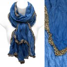 Leopard Animal Print Edged Trim Crinkled Beautiful Fashion Scarf Blue SF00289BL