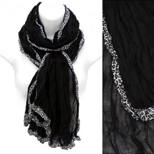Leopard Animal Print Edged Trim Crinkled Beautiful Fashion Scarf Black SF00289BK