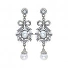 Bridal Wedding Jewelry Crystal Rhinestone Pearl Ribbon Bow Dangle Earrings White  ER00466RDCLWT