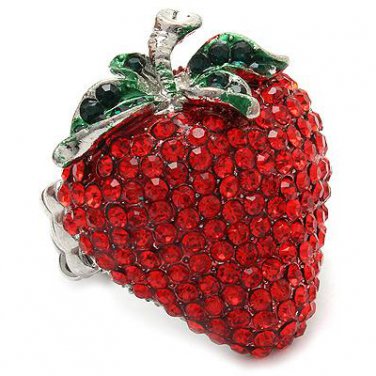 Strawberry Fruit Crystal Rhinestone Fun Big Sparkling Fashion Stretch Ring Red RG00172RDRD
