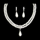 Bridal Wedding Jewelry Set Austrian Crystal Pearl Linear Drop Necklace Silver WT JS00364RDCLWT