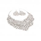 Bridal Wedding Jewelry Set Crystal Rhinestones Sparkle Wavy Bib Necklace Silver JS00368RDCL