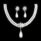 Bridal Wedding Jewelry Set Necklace Crystal TD Pearl Floral 2-Strands Silver WT JS00376RDCLWT