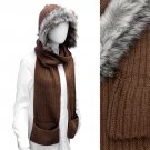 Fur Trim Hooded Hoodie Knit 1-Piece Scarf with Pocket Brown SF00199-BR