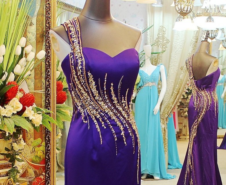 Darius Cordell One Shoulder Evening Dresses, Purple Beaded Formal Gowns