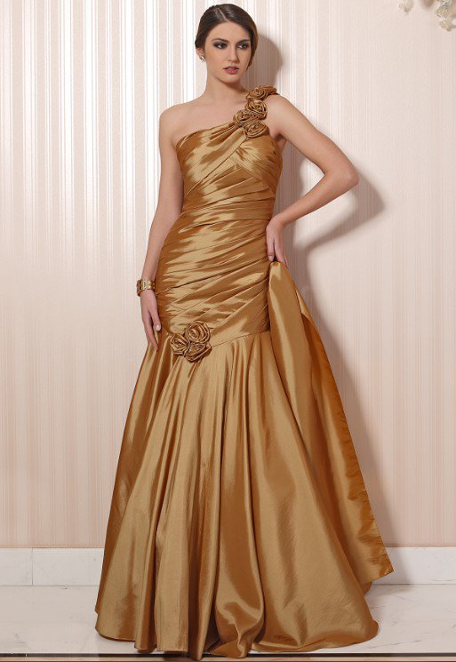 #LE060 Gold One Shoulder Satin Evening Dresses