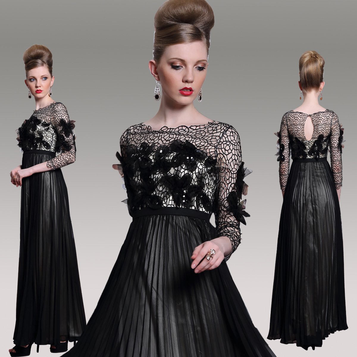 #F30989 Black Long Sleeve Empire Waist Evening Gown