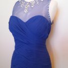 #415699 Ruched Blue Formal Dress with Illusion Neckline, Evening Gown