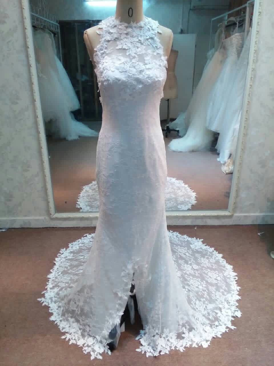 Illusion halter bridal dresses with Flower appliques