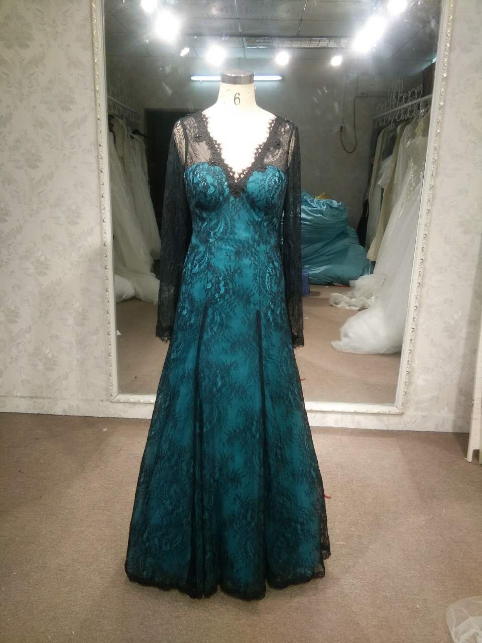 #LE1193 black lace long sleeve mother of the Bride formal dress