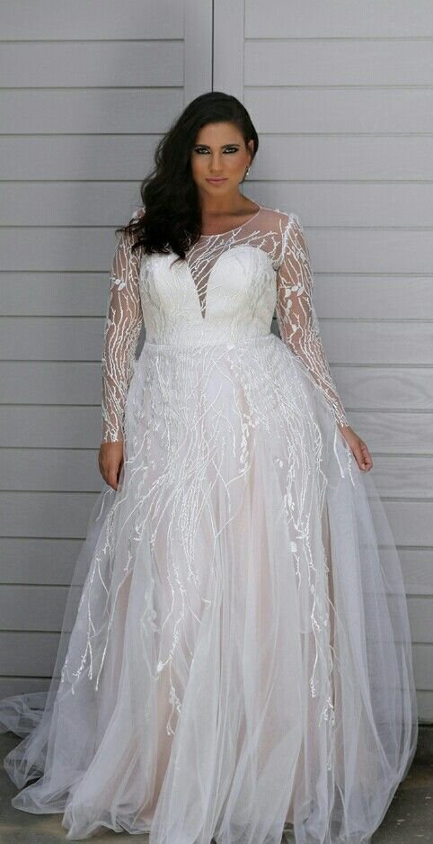#92bf - Sheer long sleeve plus size bridal dresses