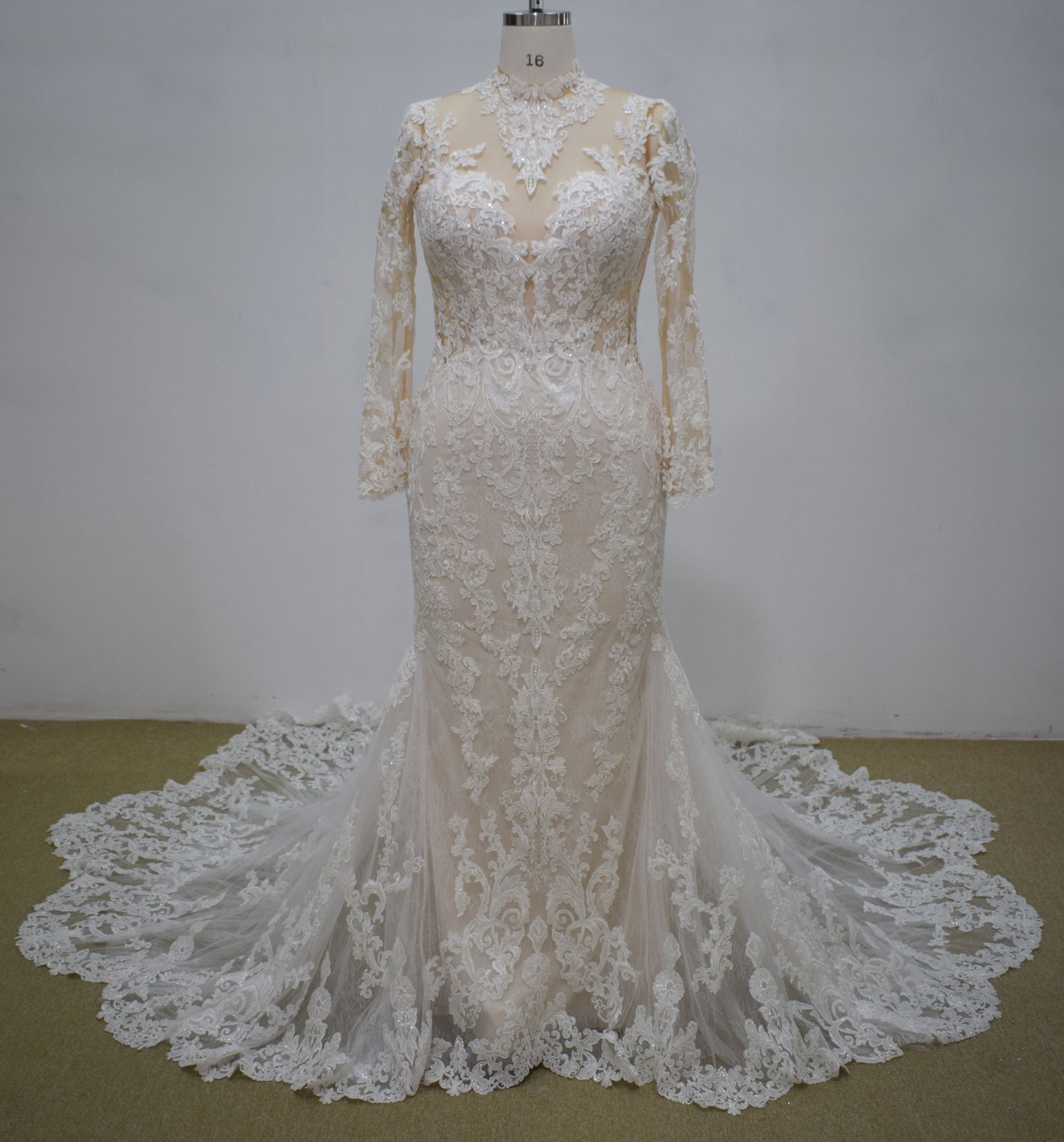 #MA21047 - traditional beaded long sleeve lace wedding gown with train