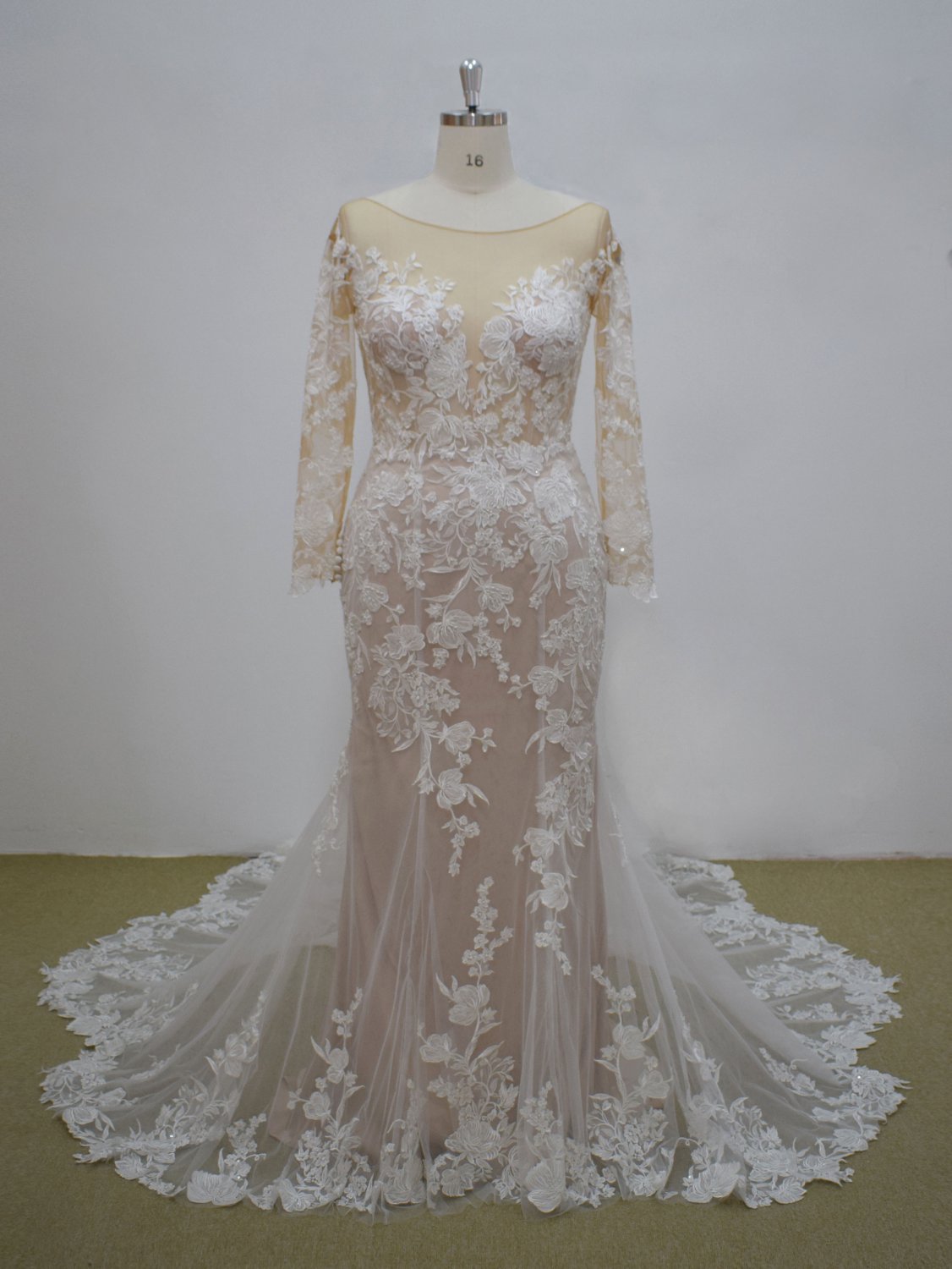 MA21015 - nude sheer illusion long sleeve lace wedding gown