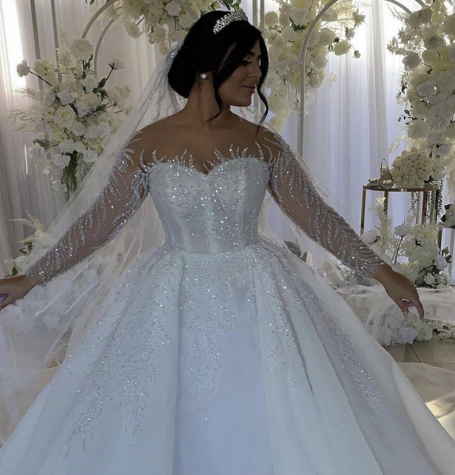 C2022-BB287 Sheer beaded long sleeve ball gown wedding dress