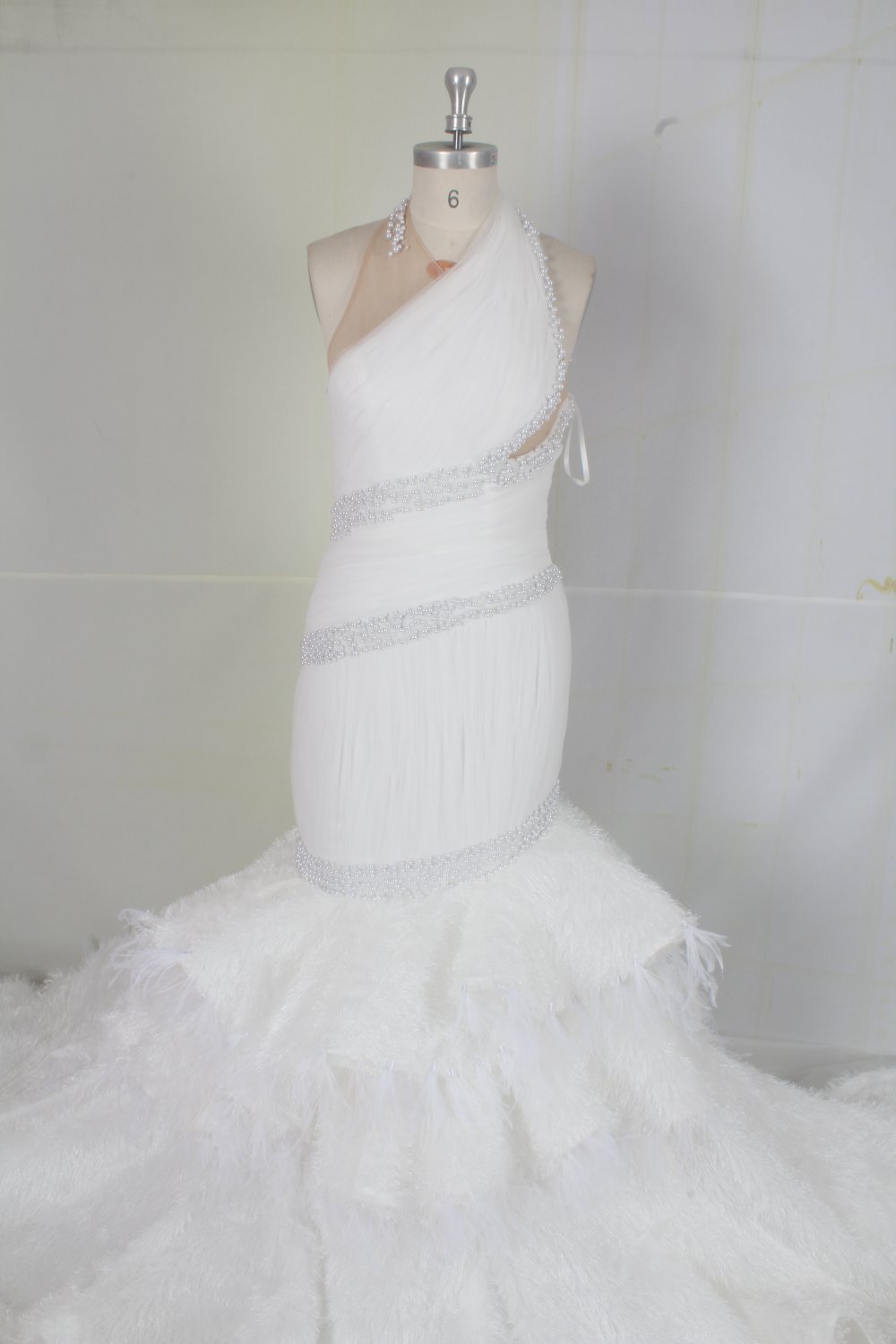 C2022 Vintea - Halter fit-n-flare wedding gown with feathers