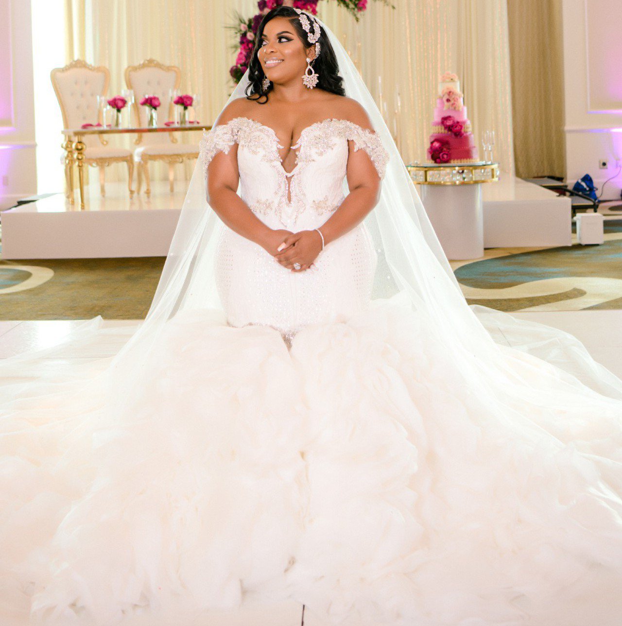 Darius Cordell - off the shoulder plus size wedding gown with swarovski crystal beads