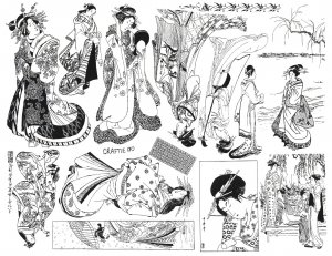 Asian #4 Ukiyoe Images Rubber Stamps - FULL sheet - 14 Geishas, landscapes, etc.!