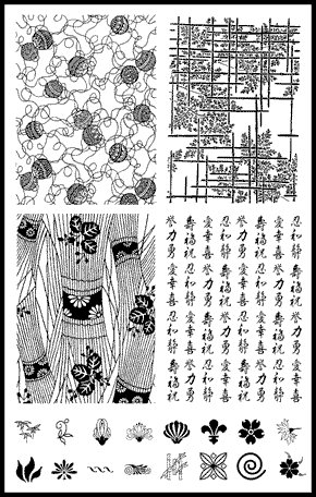 Kanji and Japanese Mon Crests Backgrounds Rubber Stamps FULL sheet - for Scrapbooking/cards etc.