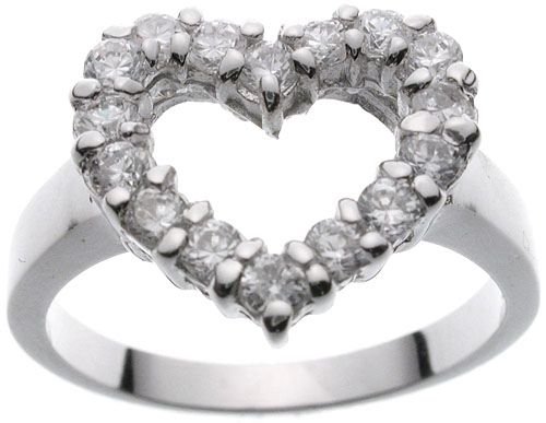 Rhodium Plated Solid Sterling Silver CZ Heart Ring(any size)