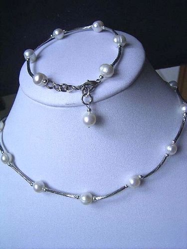 7-8mm Genuine White Pearl Necklace Bracelet Set