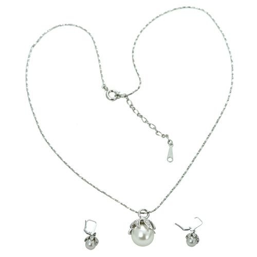 18K White Gold Plated Pearl Genuine Swarovski Crystal Necklace and Earrings Set