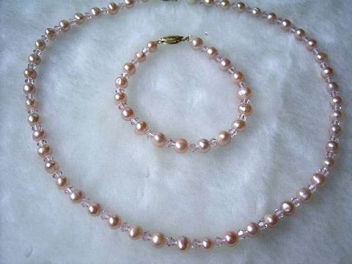 17"/7" pink pearl crystal necklace, bracelet set