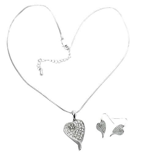 Rhodium Plated Genuine Swarovski Crystal Heart Necklace and Earrings Set