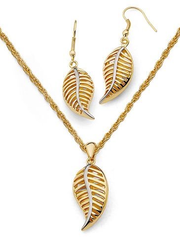 Solid 18K Gold Laminated Copper Two Tone Leaf Necklace Earring Set
