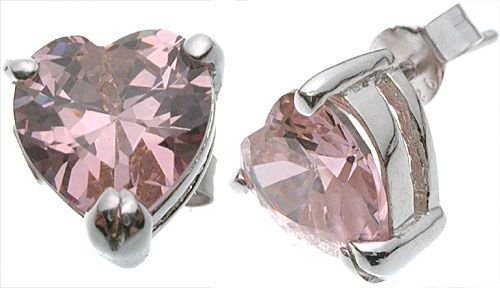 Halle's Rohdium Plated Tiffany Solitaire 2 ct Heart Pink CZ Earrings
