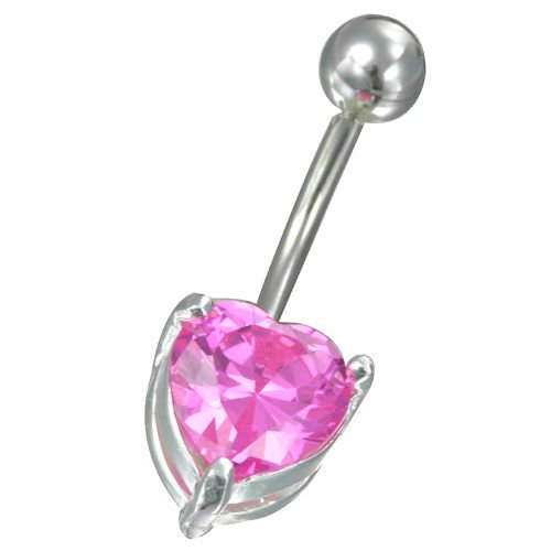 316 Stainless Steel Banana Belly Ring with Solitaire Pink HEART CZ Stone