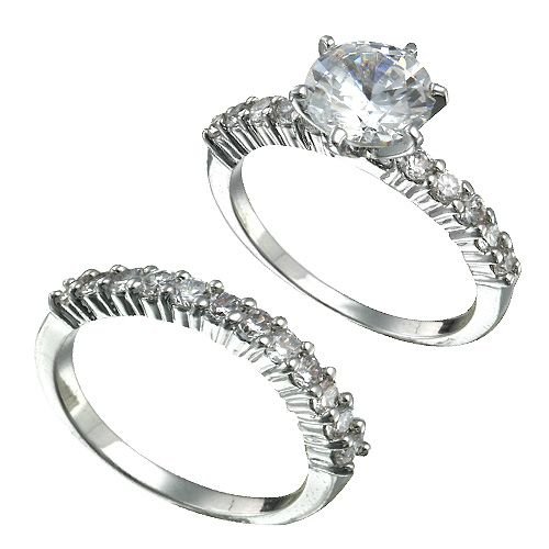 Rhodium Plated Brilliant CZ Bridal Ring Set (any size)