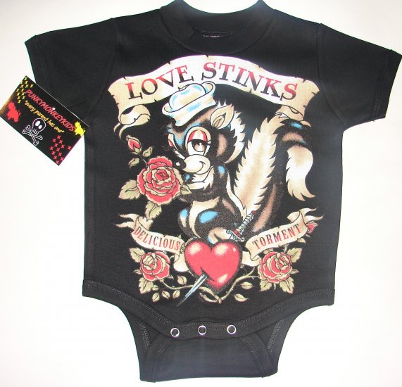 Black tattoo, punky style onesie or tee of a skunk (love stinks)