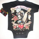 Black tattoo, punky style onesie or tee of a skunk (love stinks)