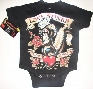 Black tattoo, punky style onesie or tee of a skunk (love stinks)