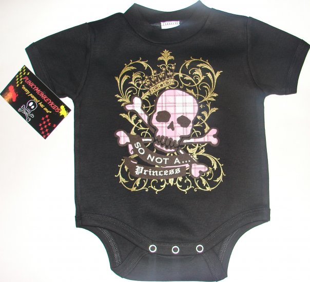 NEW BLACK PUNKY TATTOO STYLE ONESIE OR TEE OF A GIRLIE SKULL WORDING "SO NOT A PRINCESS"