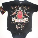 NEW BLACK TATTOO PUNKY STYLE ONESIE OR TODDLER TEE OF SPARROWS AND HEART WITH WORDING" TRUE LOVE"