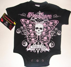 NEW BLACK PUNKY GOTHIC STYLE ONESIE OR TODDLER TEEO OF BUTTERFLY WITH WORDING "WILD CHILD"