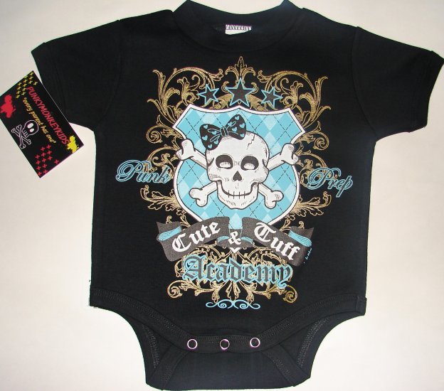 NEW BLACK PUNKY GOTHIC STYLE ONESIE OR TODDLER TEE OF A GIRLIE SKULL WITH WORDING "CUTE & TUFF"
