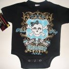 NEW BLACK PUNKY GOTHIC STYLE ONESIE OR TODDLER TEE OF A GIRLIE SKULL WITH WORDING "CUTE & TUFF"