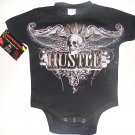 NEW BLACK PUNKY TATTOO STYLE ONESIE OR TODDLER TEE OF A SKULL WITH WINGS "HUSTLE"