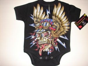NEW BLACK PUNKY TATTOO STYLE ONESIE OR TODDLER TEE OF A WICKED SKULL WITH WINGS