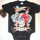 NEW BLACK PUNKY TATTOO STYLE ONESIE OR TODDLER TEE OF A RACING HELMET WITH WORDING "SPEED KILLS"